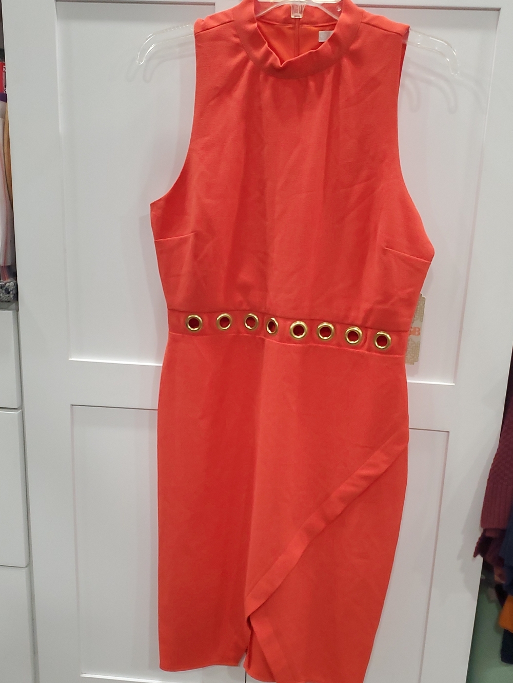 Gianni Bini Coral-Orange Sheath Dress with Gold Eyelet Waist